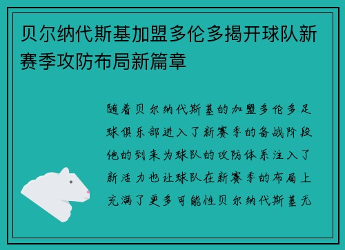 贝尔纳代斯基加盟多伦多揭开球队新赛季攻防布局新篇章