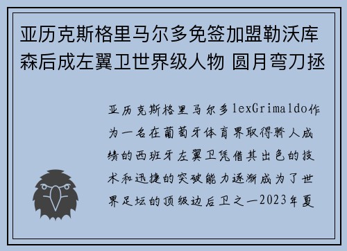 亚历克斯格里马尔多免签加盟勒沃库森后成左翼卫世界级人物 圆月弯刀拯救球队